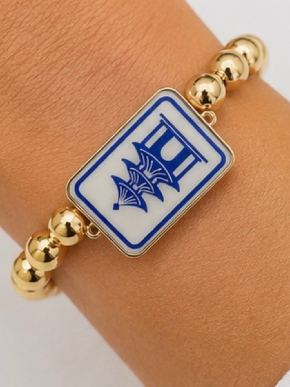 Blue White Mahjong Bracelet, Gold Beaded Mahjong Tile Bracelet, Mahjong Lover Gi